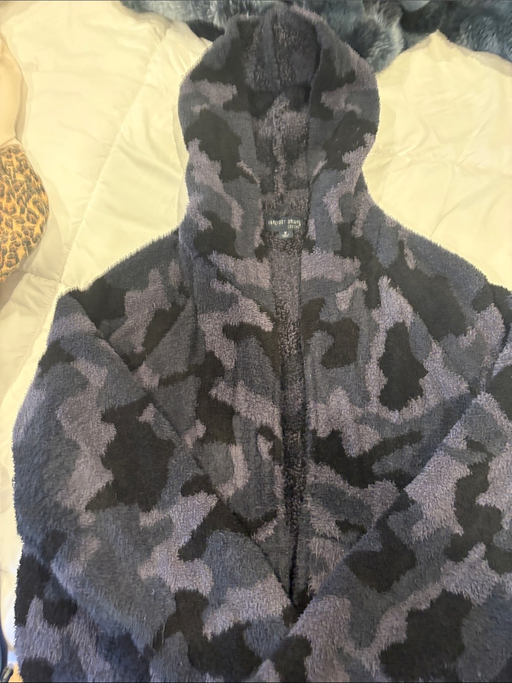 Barefoot Dreams Plush Hooded Puffer Jacket in Navy & Black Camo
